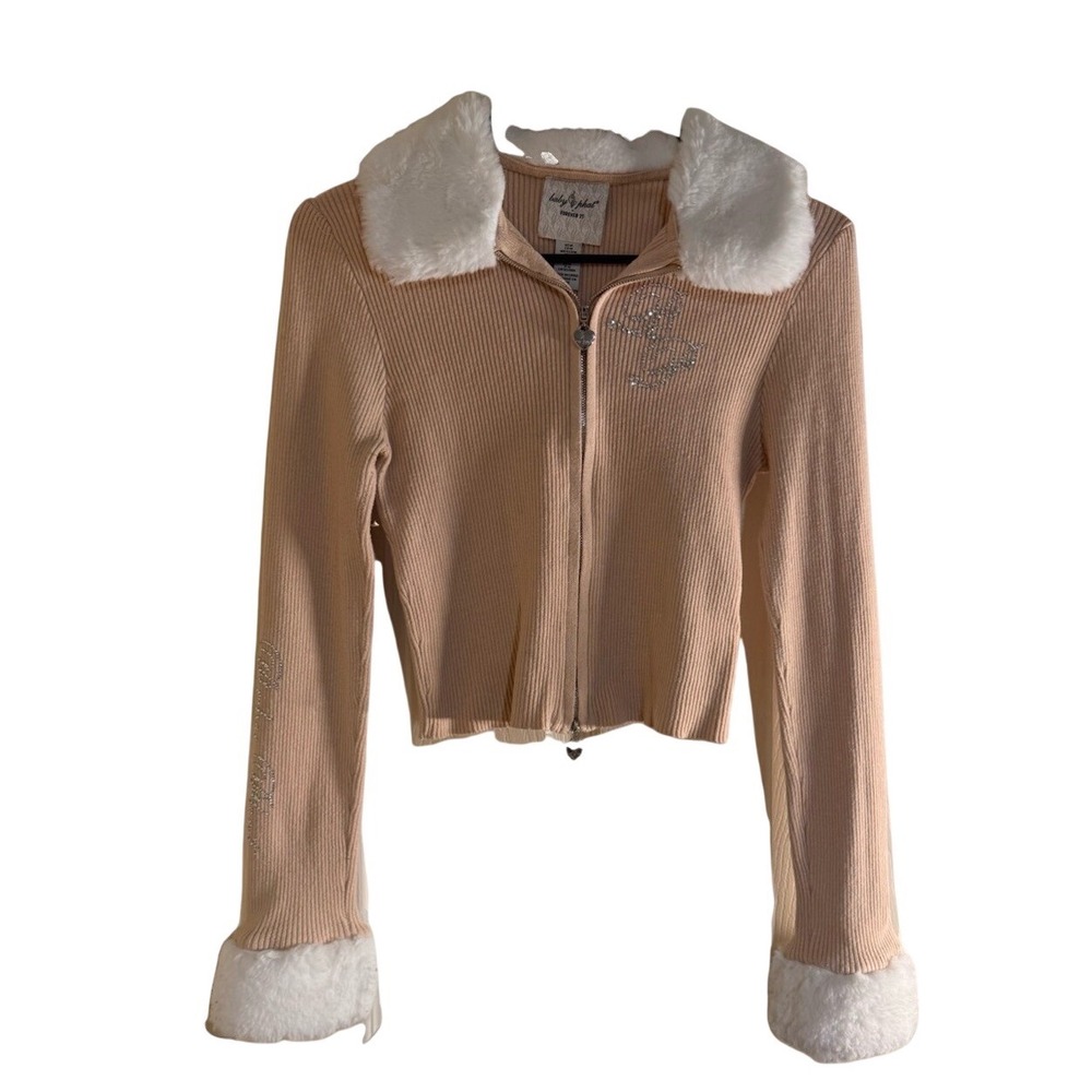 Baby Phat Forever 21 Faux Fur Trim Ribbed Zip Cardigan Pink Rhinestone Medium M